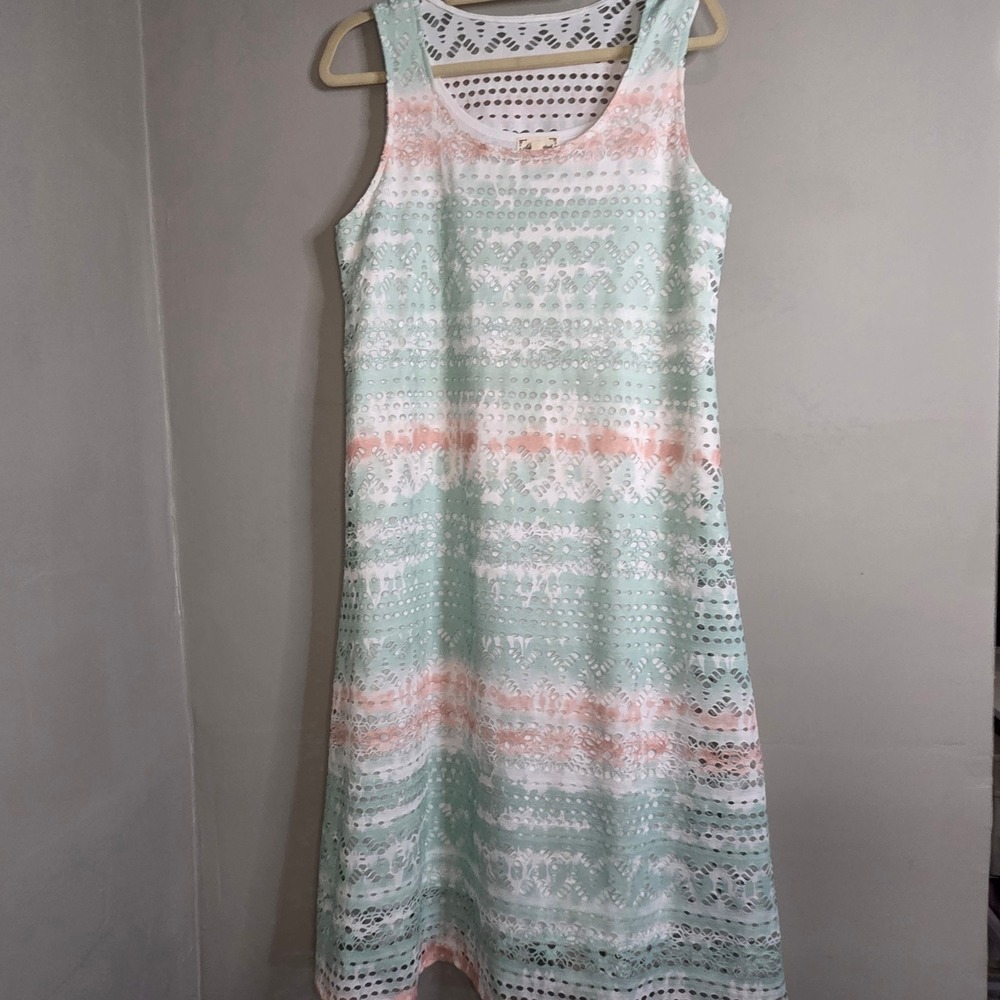 Cloth & Portrait Tank Top Womens Large Green Pink Tie Dye Eyelet Lace Sleeveless
